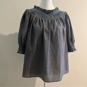 Soft LOFT PEASANT TOP 100% Cotton Blue/Grey w/ Blue Tufts, Gathered Neck/Sleeves